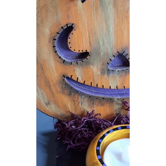 Handmade Halloween Wooden Pumpkin Tea Light Holder With Skull & Faux Candle Tabl - Picture 3 of 13